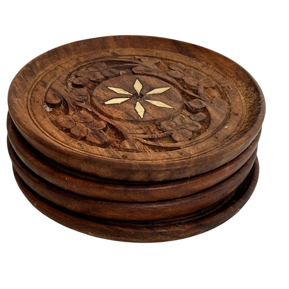 Vintage Set of 4 Wood Carved Coasters Trivets MCM Mid Century Modern Boho - Picture 5 of 8